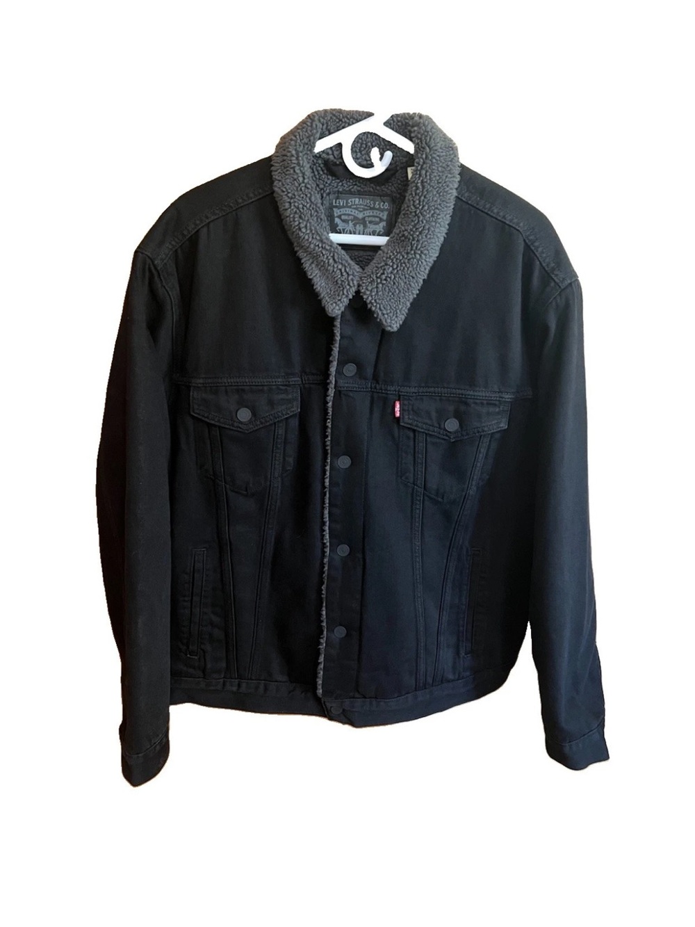 Levi’s Sherpa Trucker Jacket Black Denim Gray Lining XL – Style 16365‑0054 NWOT